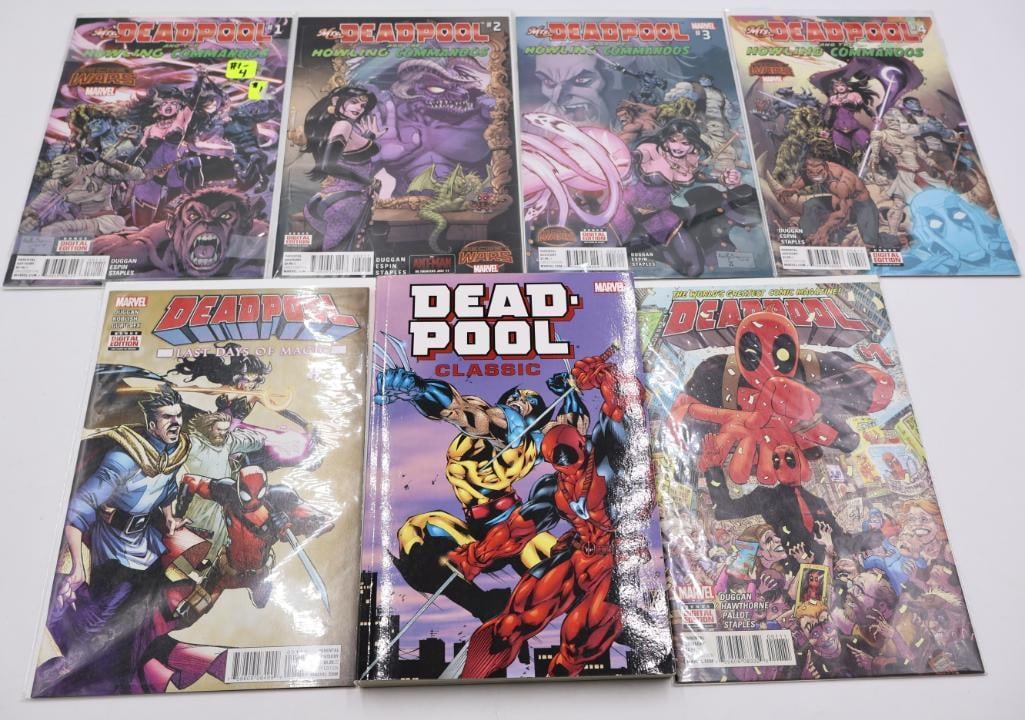 Collection of Deadpool Comics and Book: Deadpool #1, Deadpool Last Days of Magic #1, and four Mrs. Deadpool and the Howling Commandos