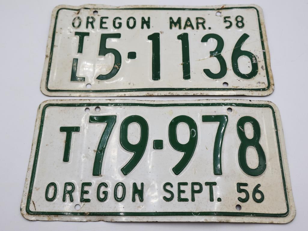 Two Vintage 50's Oregon Truck License Plates, Green and White: Oregon Truck September '56 and Oregon Truck and Light Trailer March '58 green and white plates