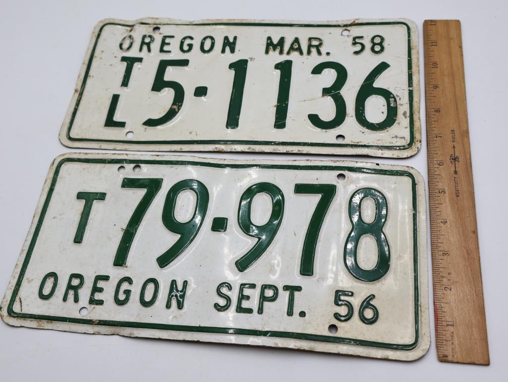 Two Vintage 50's Oregon Truck License Plates, Green and White - 2