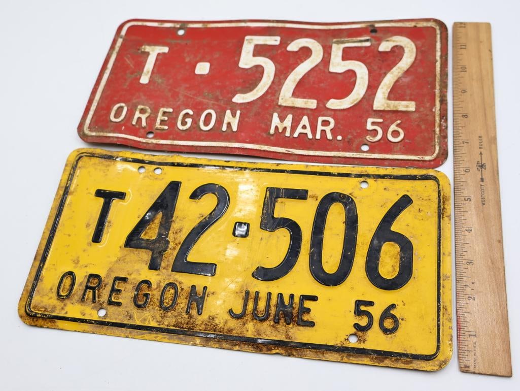 Two Vintage 50's Oregon Truck License Plates, Yellow and Red - 2