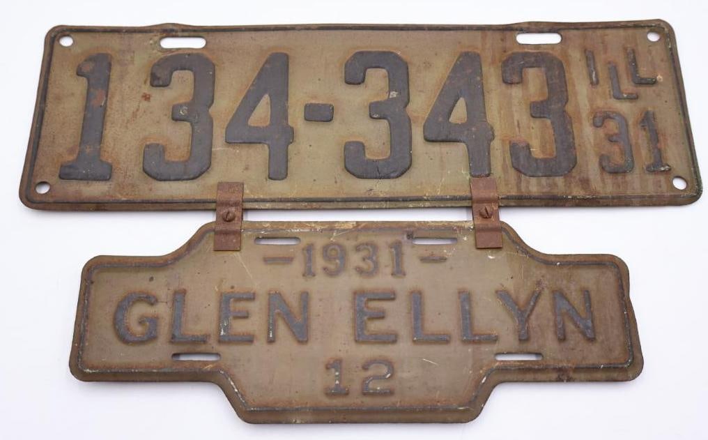 1931 Glen Ellyn Illinois License Plate: 1931 Illinois license plate with Glen Ellyn Vehicle Tax Tag