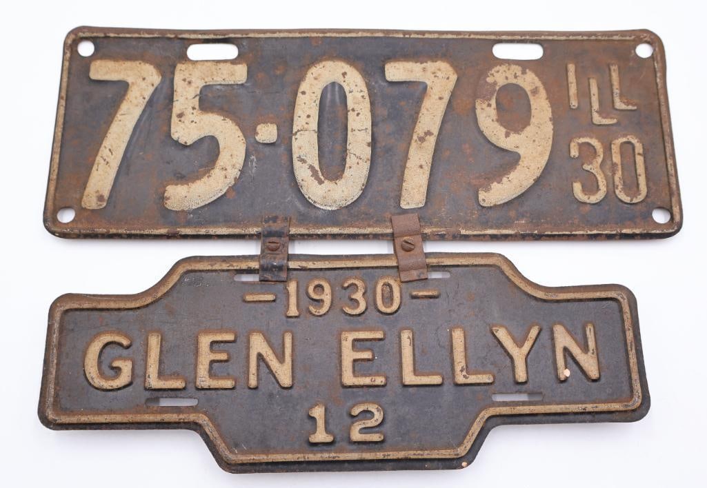 1930 Glen Ellyn Illinois License Plate: 1930 Illinois license plate with Glen Ellyn Vehicle Tax Tag