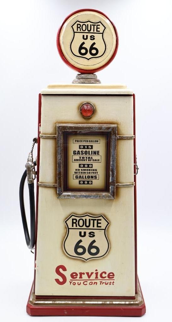Route 66 Gas Pump Wooden Cabinet: About 32 inches tall, four shelf cabinet with faux gas pump adornments