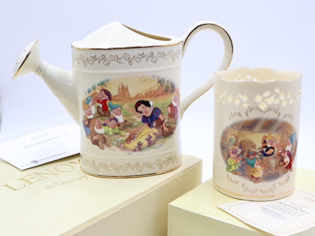 Two Lenox Disney Snow White Fine Ivory China: Votive holder and Watering Can with original boxes for both