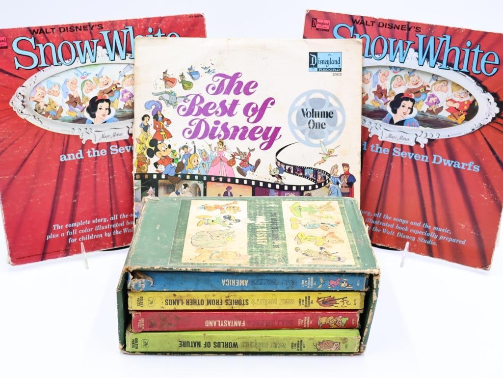 Vintage Disney Book Set and Vinyl Records: Vintage Golden Press 'The Wonderful Worlds of Walt Disney' four book set, please see all photos for conditions. Two Snow White and the Seven Dwarfs Magic Mirror vinyls and The Best of Disney Volume 1