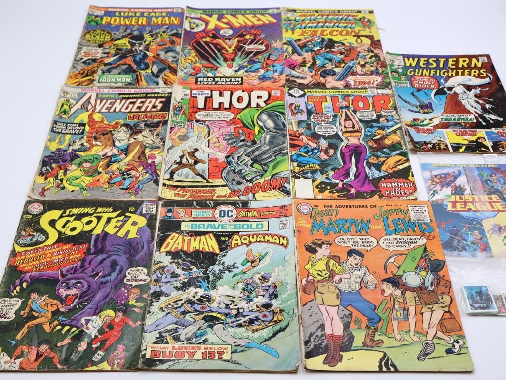 Various Vintage DC and Marvel Comics and Stamps: Batman, Thor, Captain America, X-Men, Luke Cage Power Man, Avengers, Western Gunfighters, Dean Martin, and Superhero stamps