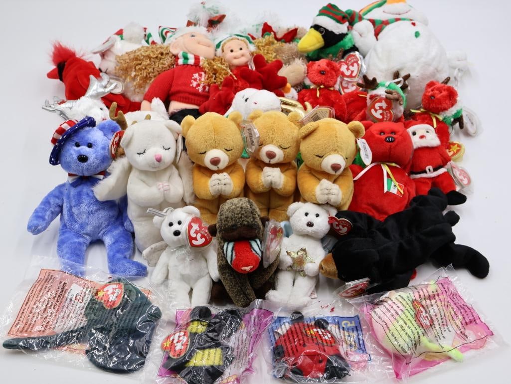 Large Lot of TY Beanie Babies: Includes Hope Bears, Founders 4th of July, Blessed, Osito, and many holiday beanie babies