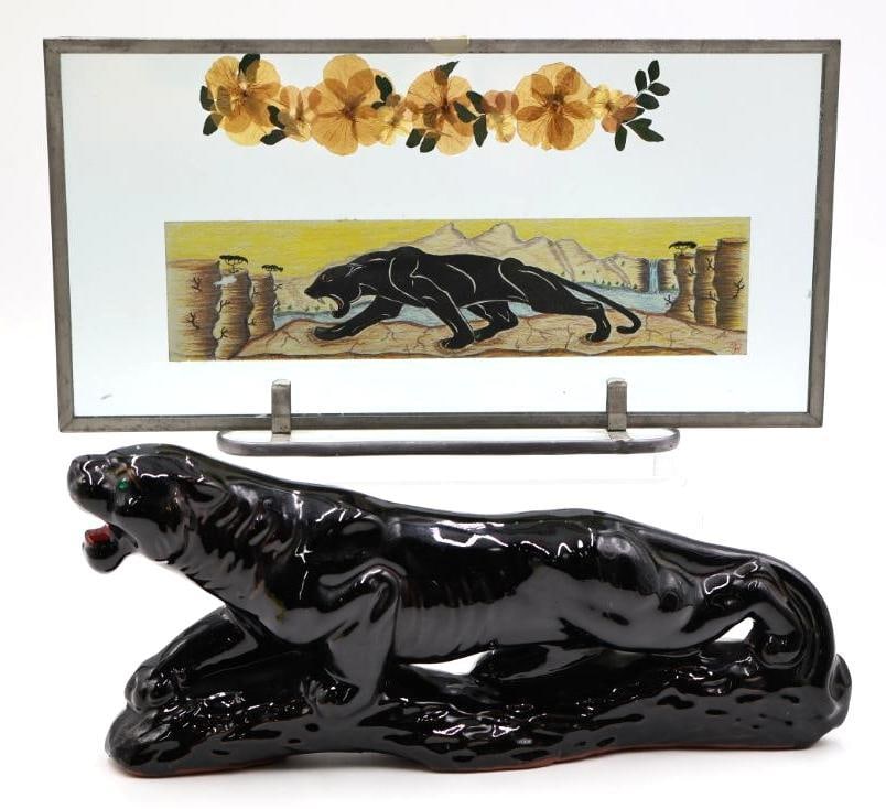 Vintage MCM Black Jaguar Puma Statue and Framed Piece: Statue is about 11.5" long with bedazzled eyes, and framed dried flowers over black jaguar/puma drawing