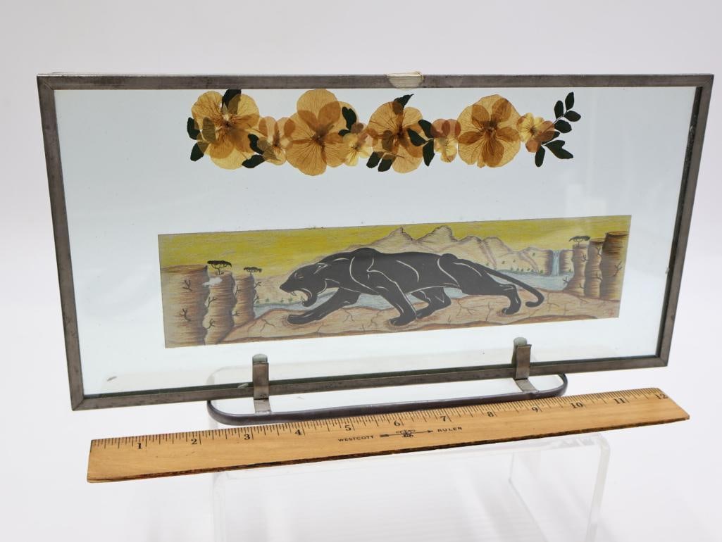 Vintage MCM Black Jaguar Puma Statue and Framed Piece - 6