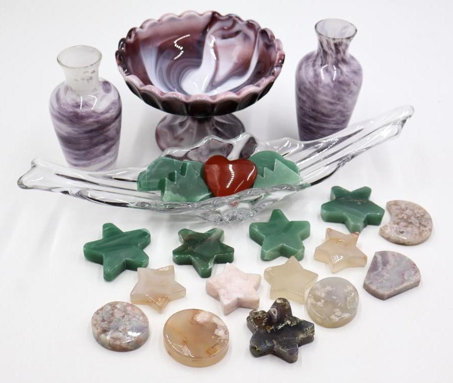 Vintage Slag Glass Compote and Stone Shapes: Vintage purple swirl slag glass compote candy dish, purple glass pair of vases, glass dish, and numerous stone shape cut outs