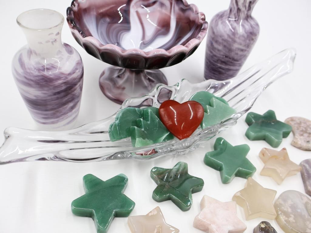 Vintage Slag Glass Compote and Stone Shapes - 9