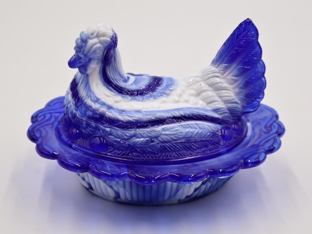 Mosser Glass "Hen on Nest" Cobalt Blue and White Swirl Slag Glass Dish: Highly sought after 'Hen on Nest' covered candy dish with lovely marbled cobalt blue and white slag glass, in great condition