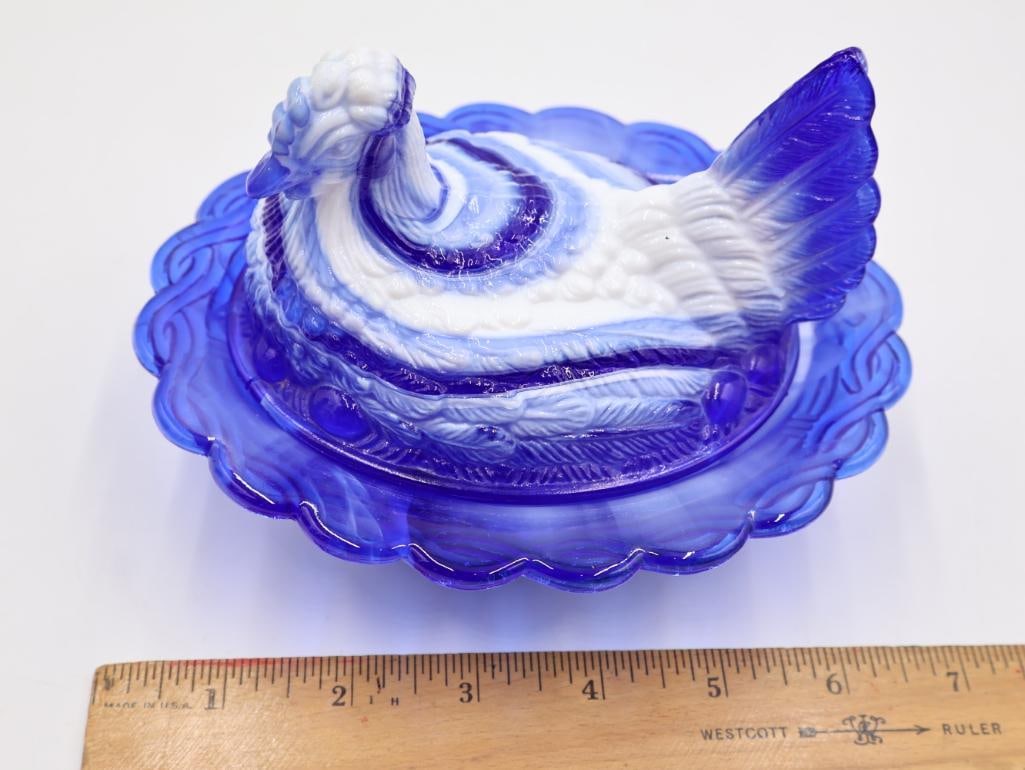 Mosser Glass "Hen on Nest" Cobalt Blue and White Swirl Slag Glass Dish - 2