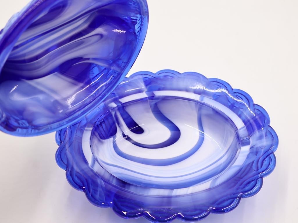 Mosser Glass "Hen on Nest" Cobalt Blue and White Swirl Slag Glass Dish - 3