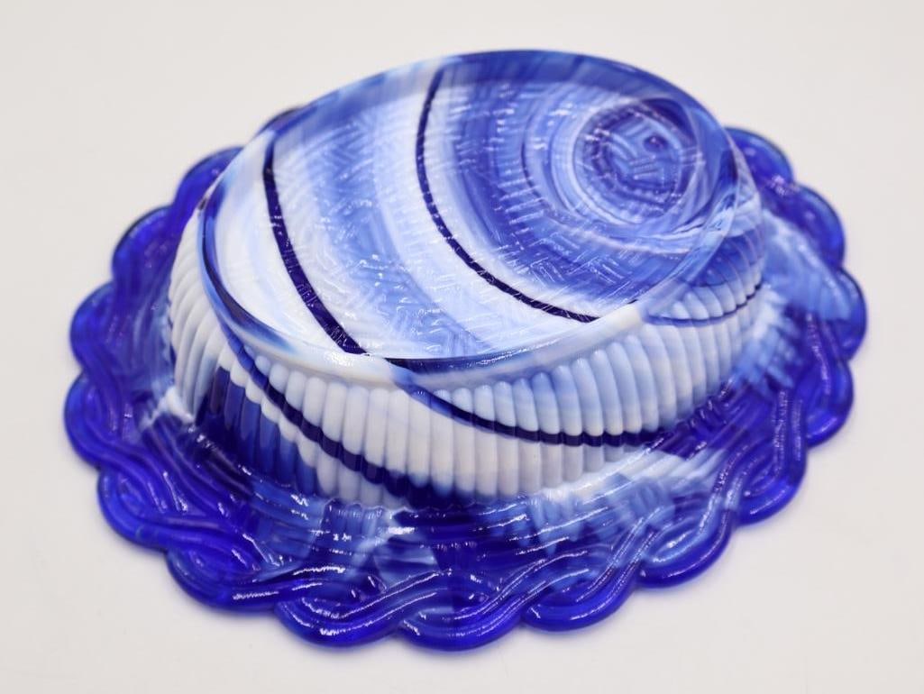 Mosser Glass "Hen on Nest" Cobalt Blue and White Swirl Slag Glass Dish - 5