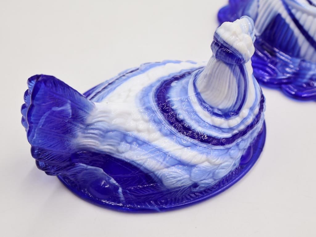Mosser Glass "Hen on Nest" Cobalt Blue and White Swirl Slag Glass Dish - 6
