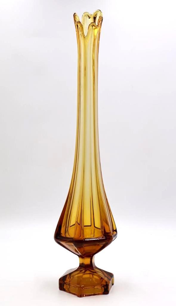 Large 2 ft Tall Vintage MCM Amber Swung Glass Vase: Standing just under 24 inches tall, lovely amber glass mid century modern swung glass vase