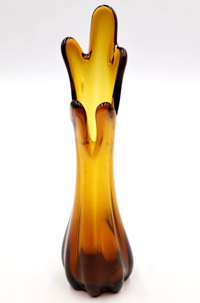 Vintage MCM Thick Swung Glass Vase: Dramatic thick amber glass MCM swung glass vase, about 11" tall