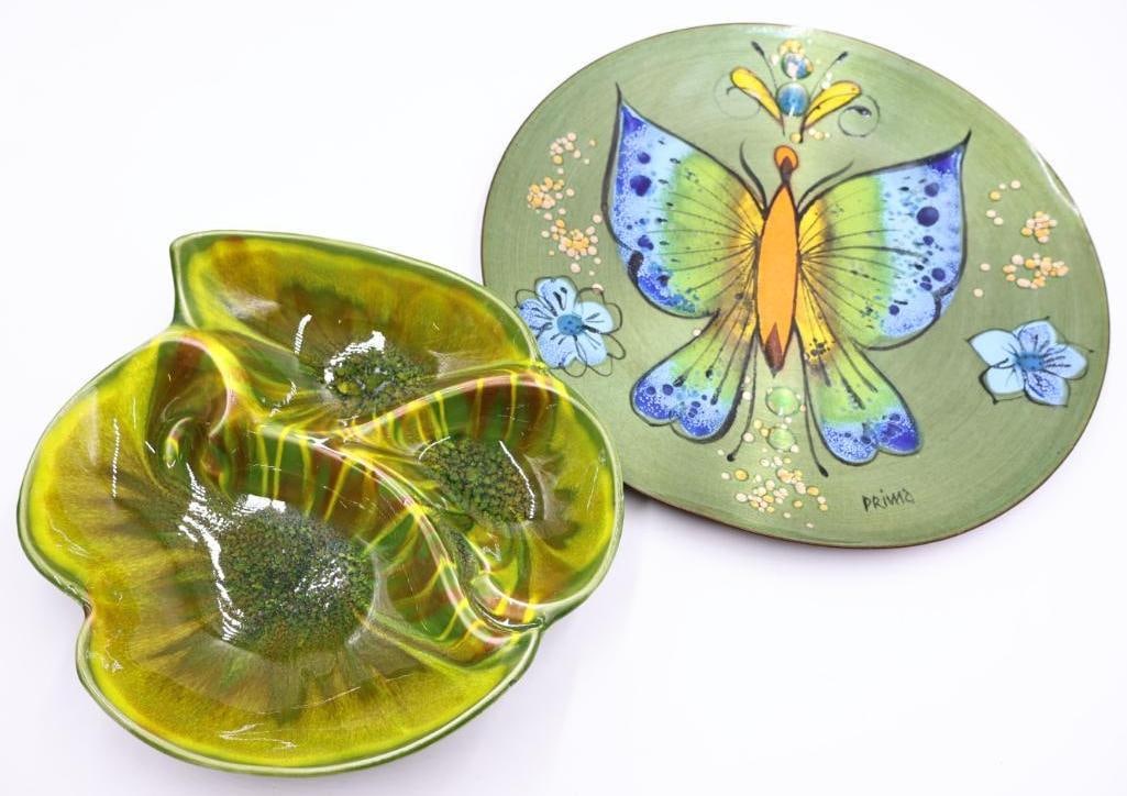 Vintage MCM California Original Green Leaf Tray and Enamel Butterfly Plate: Vintage California Original Pottery divided Serving Dish 835 SA, and copper enamel green and blue butterfly plate by Primo 413T