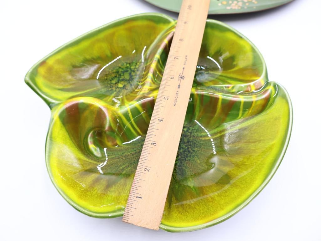 Vintage MCM California Original Green Leaf Tray and Enamel Butterfly Plate - 2