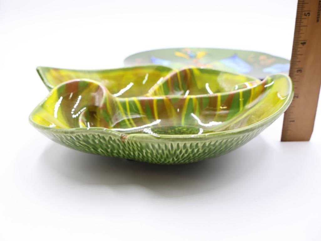 Vintage MCM California Original Green Leaf Tray and Enamel Butterfly Plate - 3