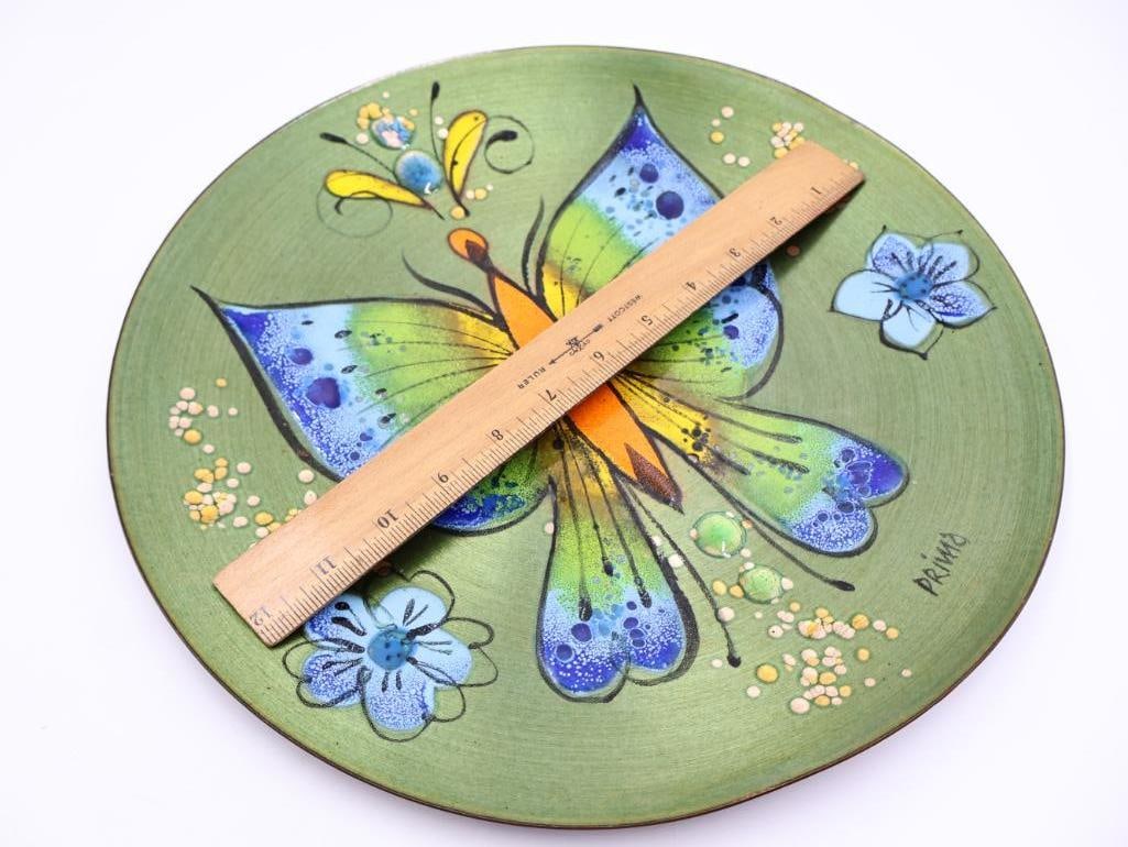 Vintage MCM California Original Green Leaf Tray and Enamel Butterfly Plate - 7