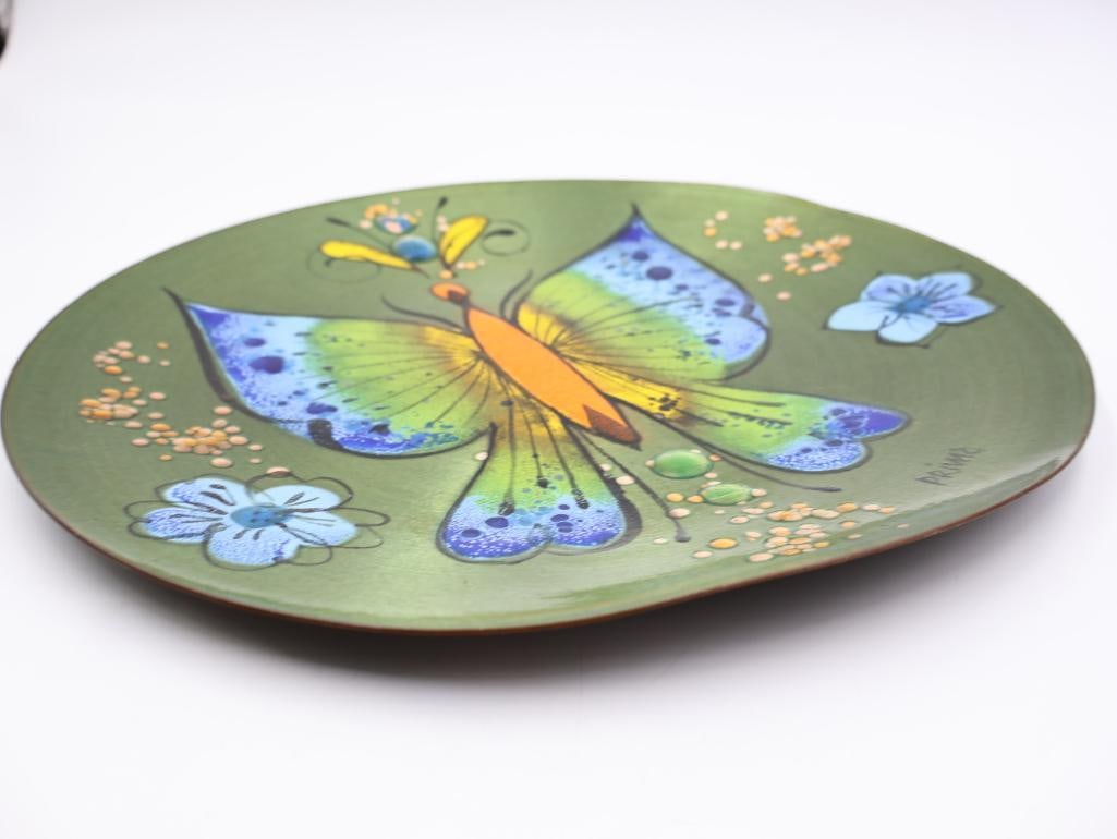 Vintage MCM California Original Green Leaf Tray and Enamel Butterfly Plate - 8