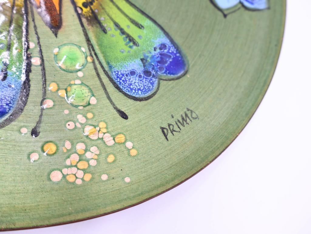 Vintage MCM California Original Green Leaf Tray and Enamel Butterfly Plate - 9