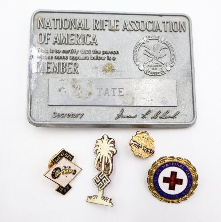 Vintage Belt Buckle and Various Pins: German Afrika Korps (DAK) pin, National Rifle Association of America monogrammed belt buckle, honor society, red cross