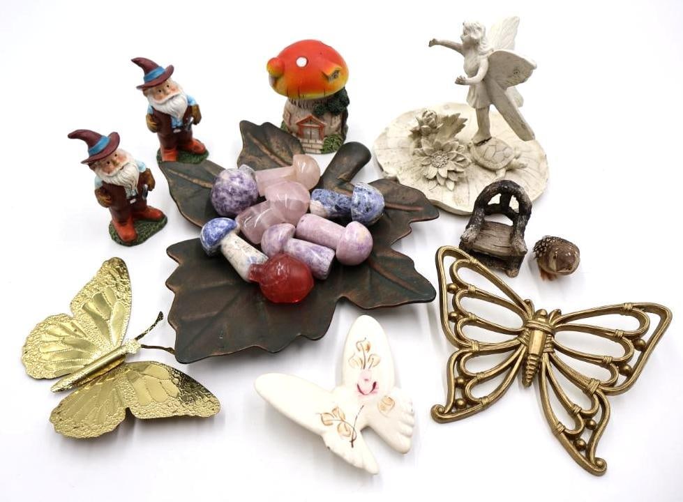 Assorted Whimsical Woodland Fairy Style Decor: Vintage wall hanging butterflies, metal leaf plate, stone carved mushrooms, and more