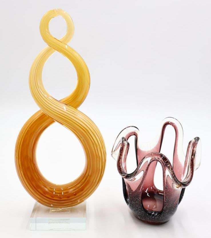 Dale Tiffany Glass Statue and Artisan Glass Basket: Dale tiffany figure 8 style glass statue about 12 inches tall