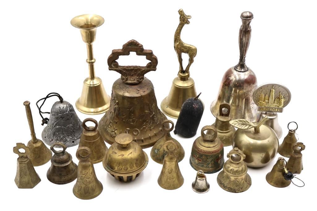 Collection of Brass and More Bells: Various bells of all shapes and sizes, even a brass apple bell