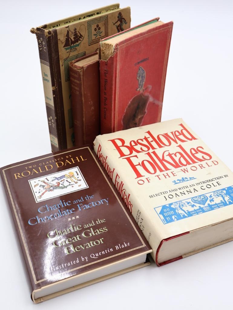 Collection of Various Vintage and Antique Books: Omnibus edition of Roald Dahl Charlie and the Chocolate Factory book duo, Best Loved Folktales, The House at Pooh Corner, 1879 Cyclopedia of English Literature, and Adventures of Tom Sawyer