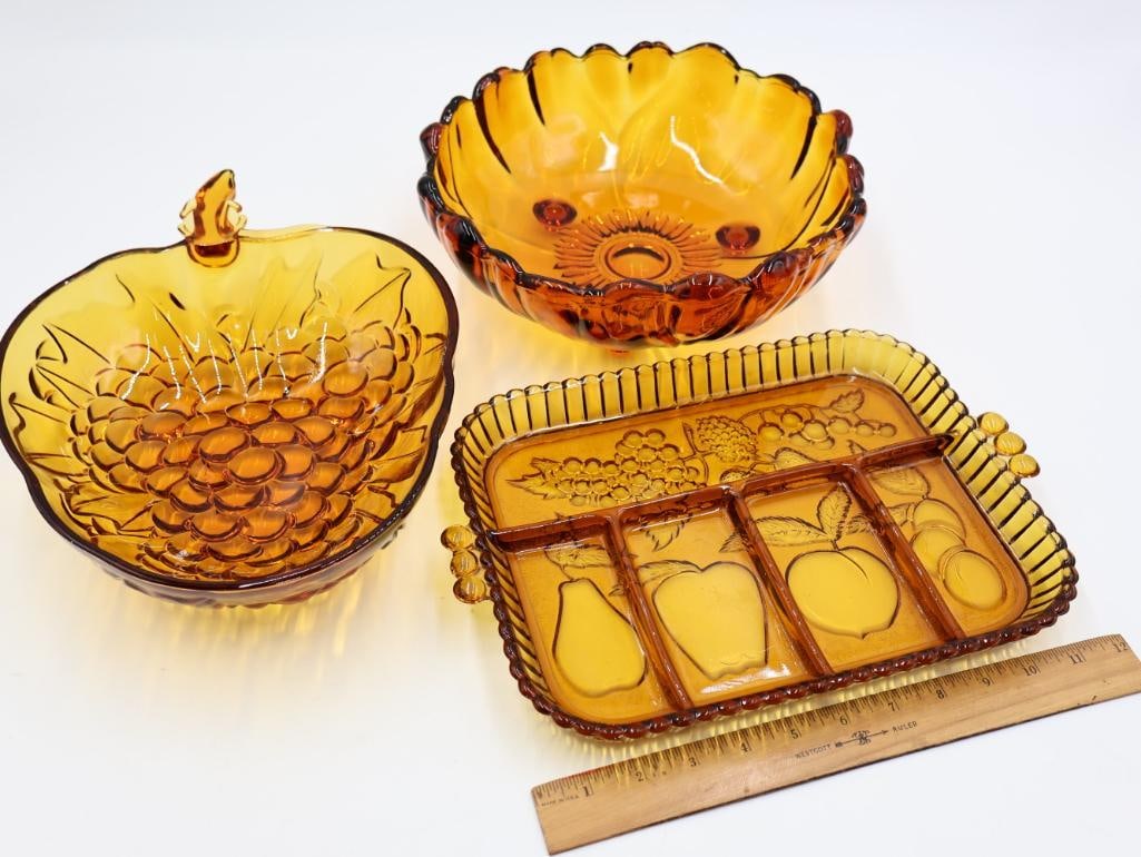 Three Amber Glass Serving Dishes - 2