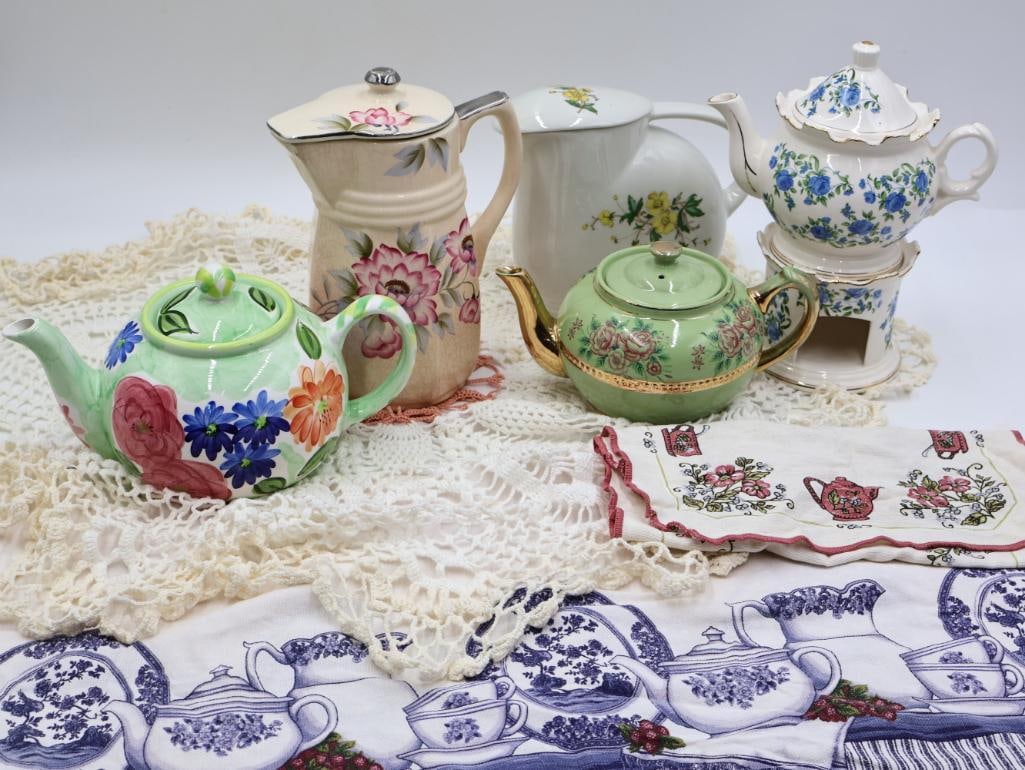 Various Teapots and Linens - 2