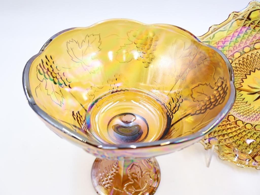 Two Amber Carnival Glass Dishes - 5