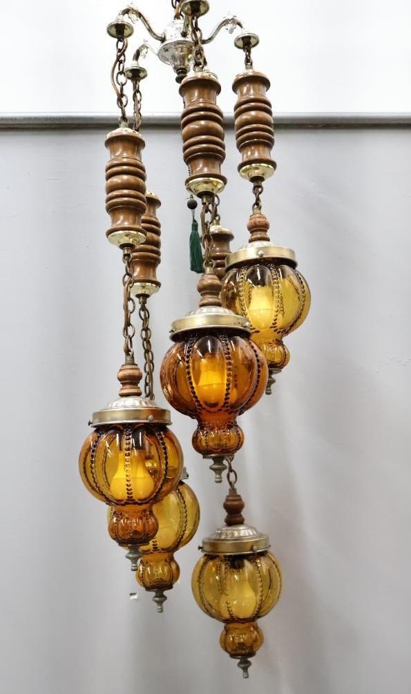 Vintage Multi Hanging Amber Swag Glass Lamp Chandelier - 2