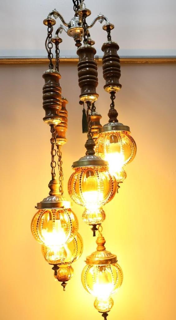 Vintage Multi Hanging Amber Swag Glass Lamp Chandelier - 3