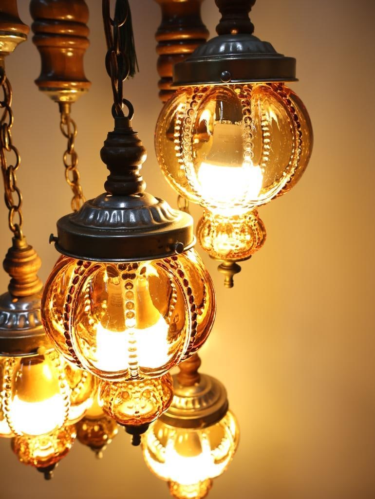 Vintage Multi Hanging Amber Swag Glass Lamp Chandelier - 4
