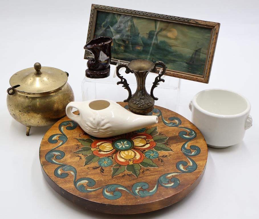 Collection of Vintage Decor Including Hand Painted Lazy Susan: Includes many different pieces, small metal Italy vase, Homer Laughlin confit tureen, brass smudge pot, small pottery with ship, and vintage small print of dutch scene