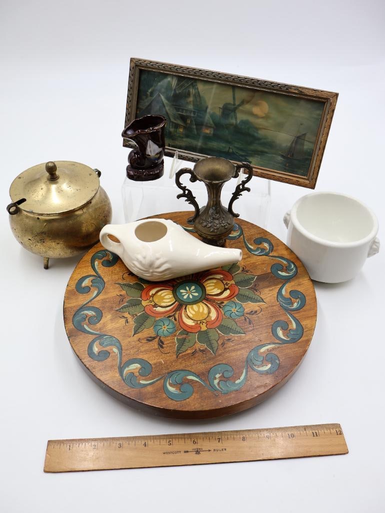 Collection of Vintage Decor Including Hand Painted Lazy Susan - 2