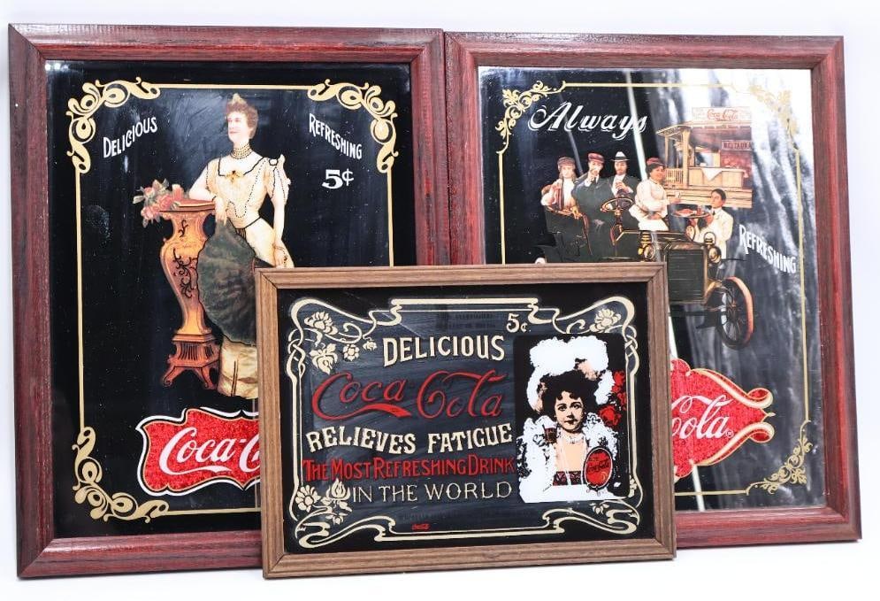 Three Coca-Cola Advertising Mirrors: Reproduced vintage Coca-Cola mirror advertisements, please see all photos