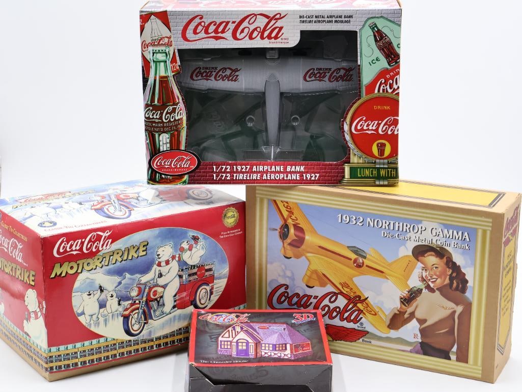 Coca-Cola Tintype Motorbike and Diecast Planes: Classic tin collectible Coca-Cola Motorbike in original packaging, Sends Thirst FLying 1932 Northrop Gamma and 1927 airplane bank, and Chowder House 3D collectible