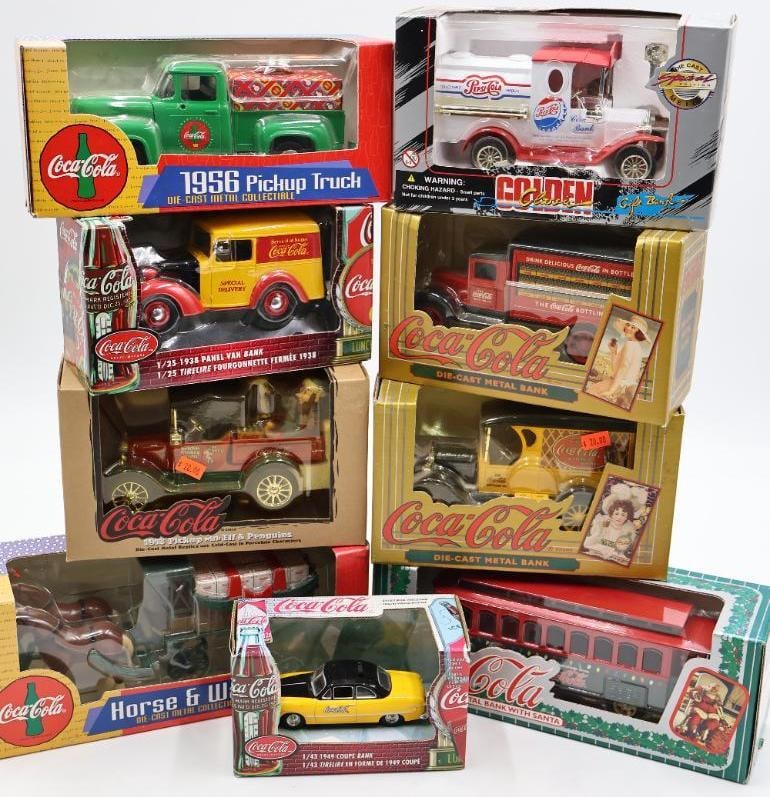Nine Coca-Cola Diecast Vehicles: Includes banks and Christmas themed vehicles