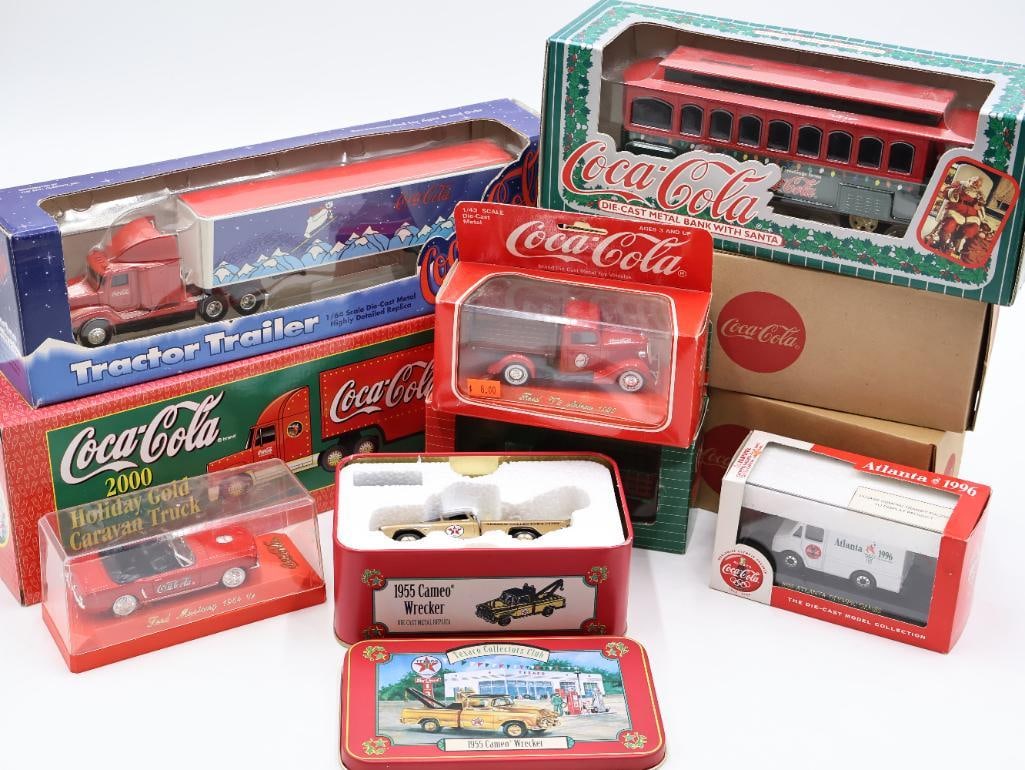 Ten Coca-Cola Collectable Diecast Vehicles: In original packaging, please see all photos for what's included