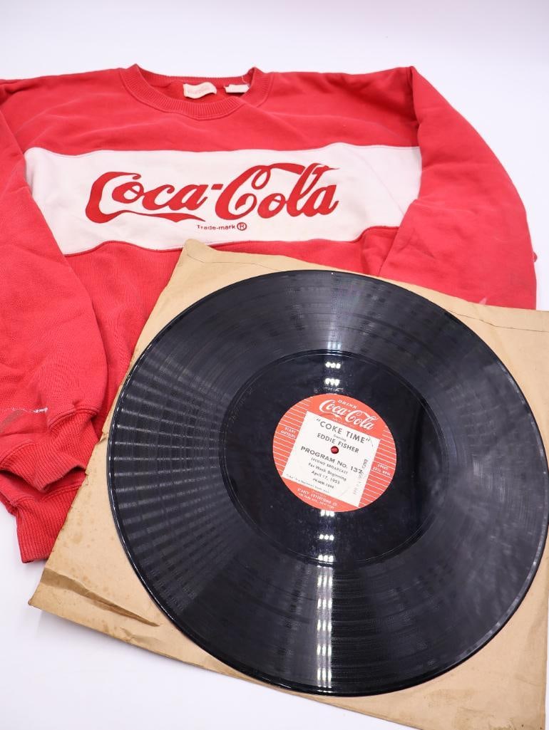 Vintage Coca-Cola Sweater and 'Coke Time' Vinyl Record: 16" vinyl for broadcasting 'Coke Time' starring Eddie Fisher Program No. 136 & 137 for week April 17, 1955, large size sweater please see all photos for condition