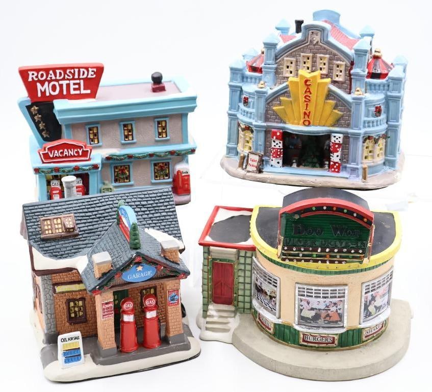 Four Ceramic Miniature Village Buildings: Roadside Motel, Casino, Big Pine Gas Station, and Doo Wop Diner Dirve-In (Please see all photos, Doo Woptop is broken and missing some lights)