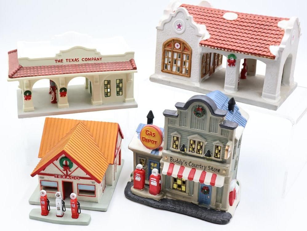 Four Miniature Village Fueling Stations: Three Texaco brand and Buddy's Country Store Ges Depot