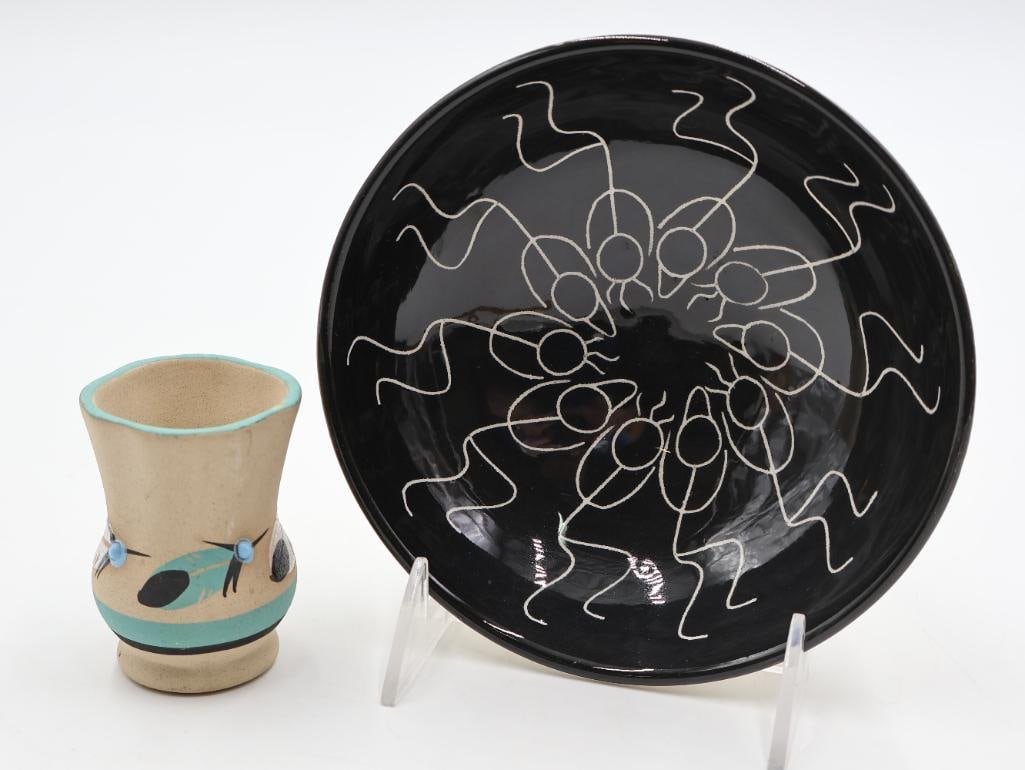 Vintage David Lambert Bowl and Small Vase: David Lambert white sgraffito 'Little Stick Wedding Dance' marked on bottom, and small Navajo vase made by Betty Selby marked on bottom