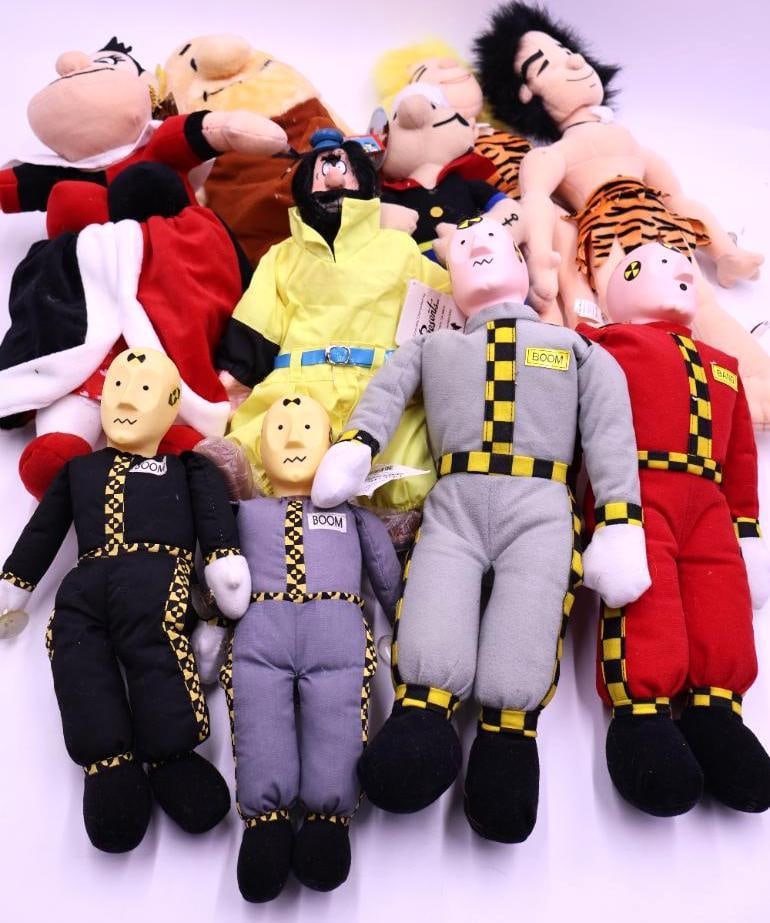 Various Vintage Plush Dolls: Crash Dummy dolls, Popeye, Alice in Wonderland Queen of Hearts Sugar Loaf, Flintstones Barney Rubble, and Sugar Loaf Cave Man and Woman